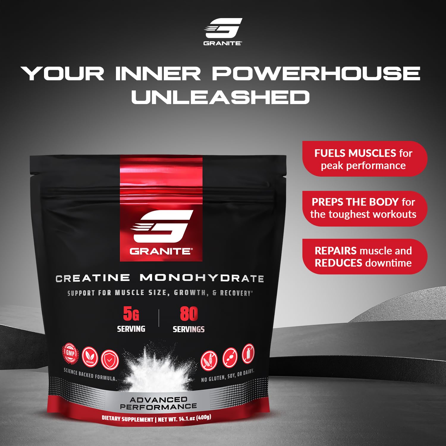 Granite Supplements creatine monohydrate scoop assists precise dosing for consistent workouts