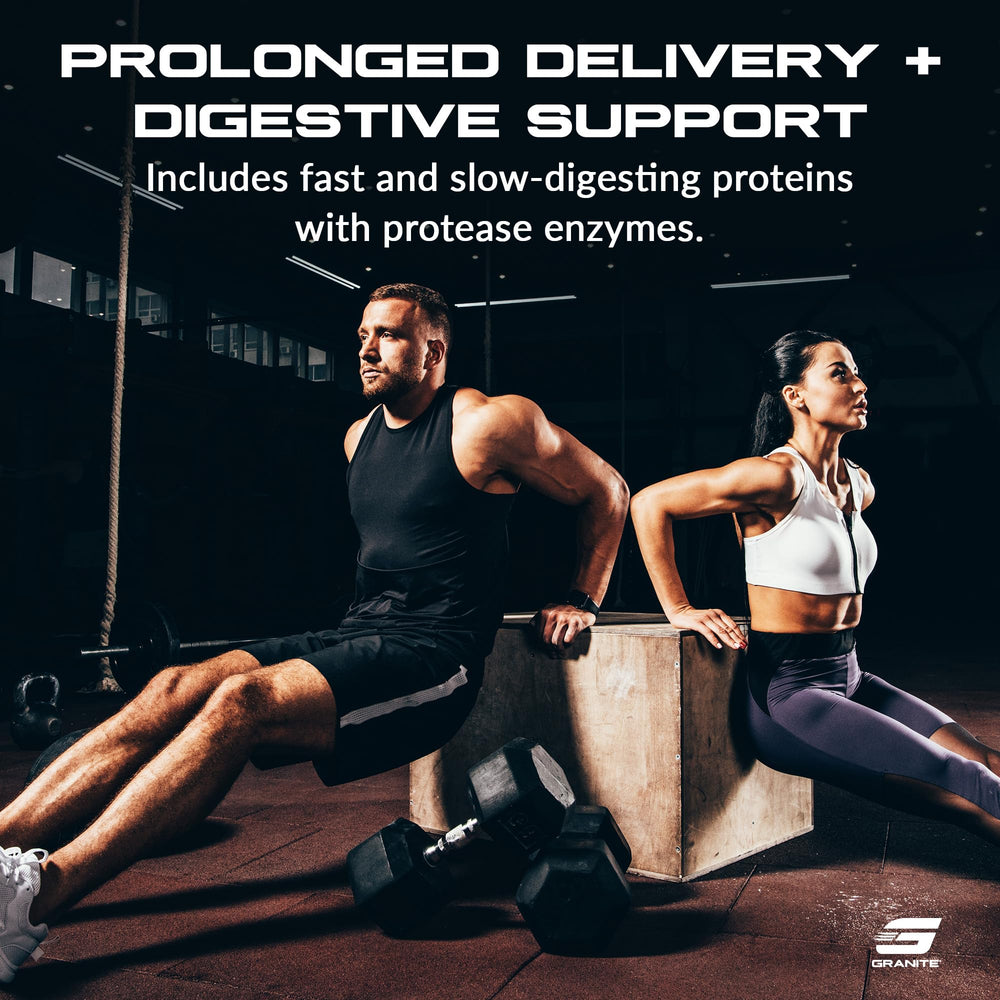 Granite Nutrition serving with protease enzyme badge suggests easy digestion.