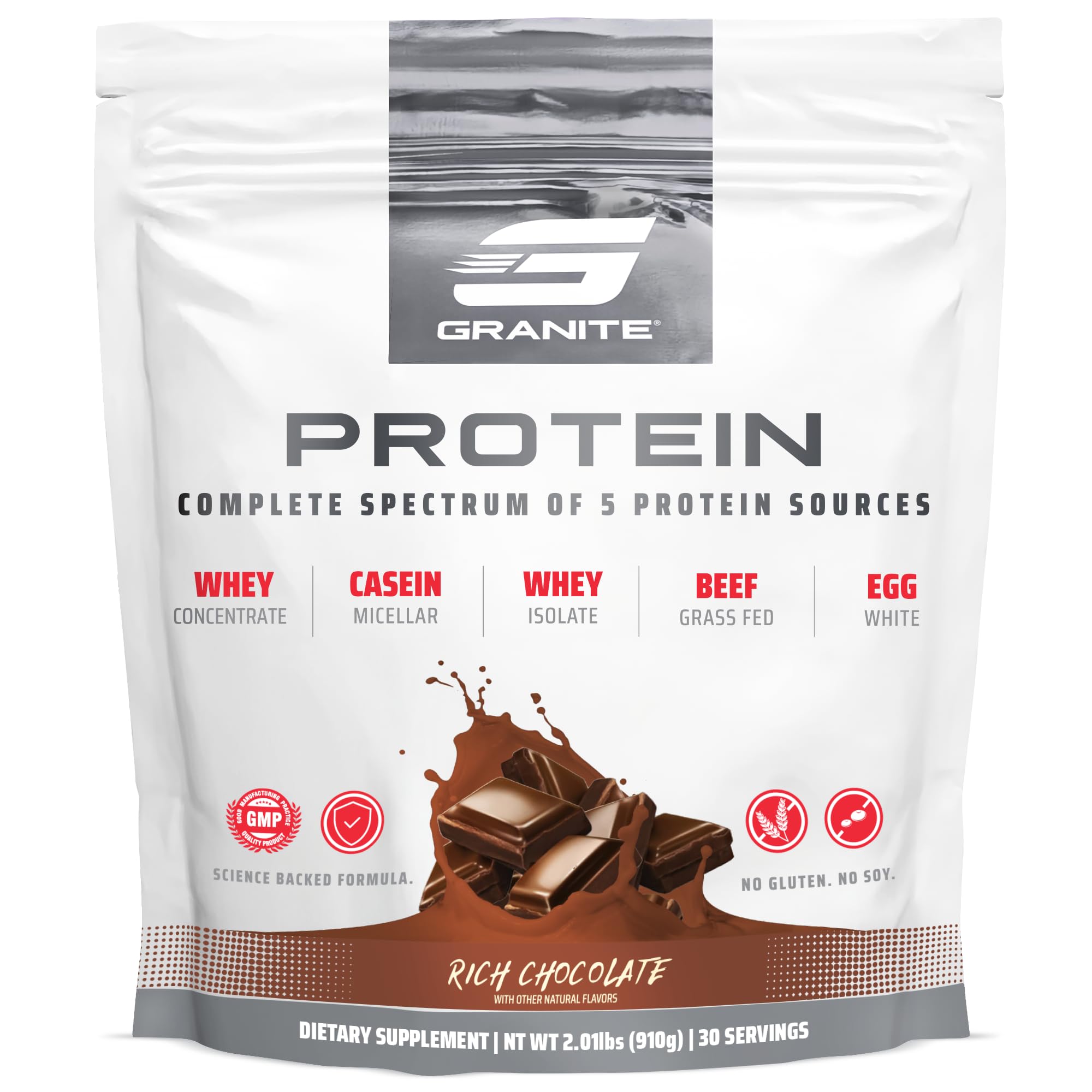 Granite Nutrition protein powder tub in rich chocolate for muscle support and recovery.