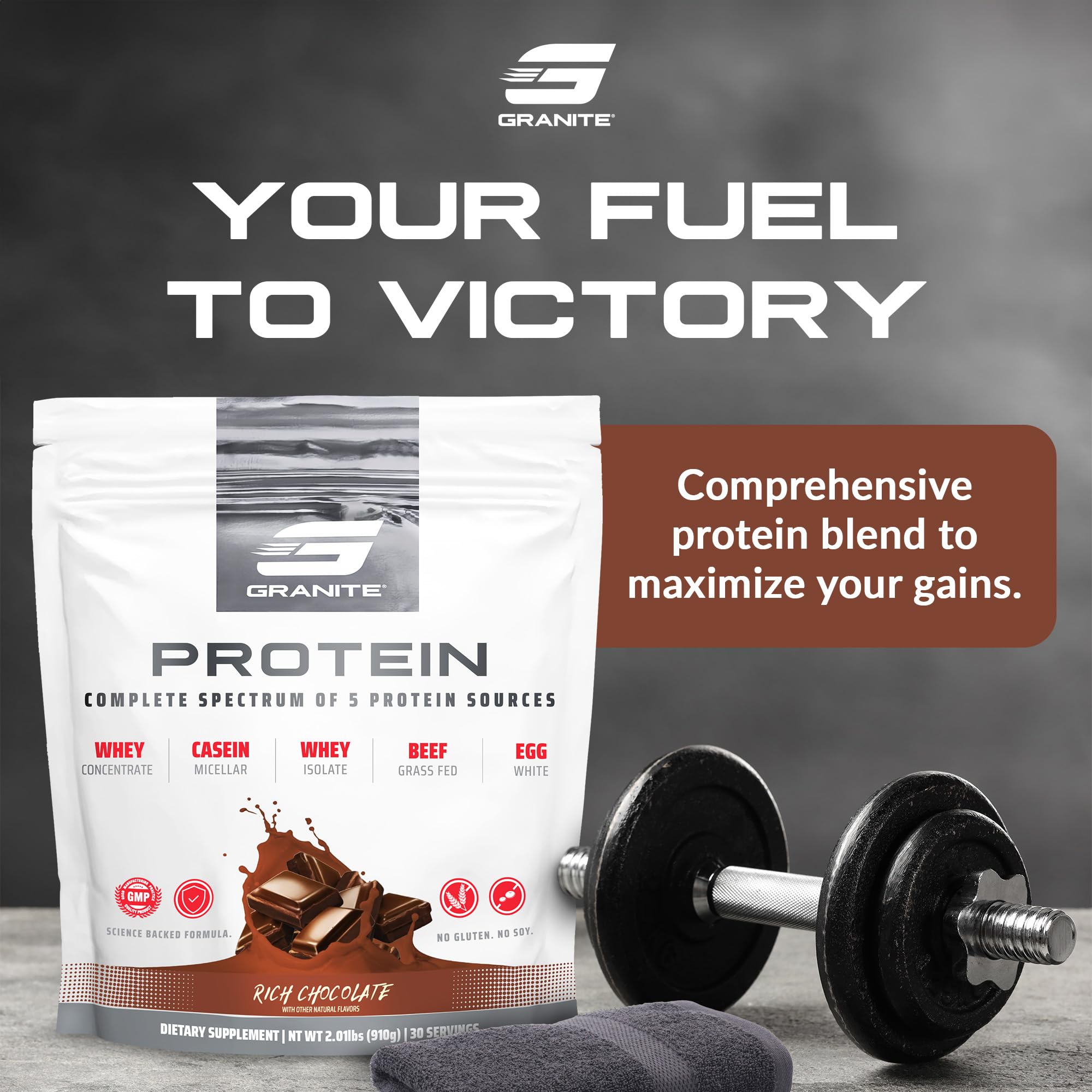 Granite Nutrition protein powder vanilla scoop showing creamy texture for post-workout replenishment.