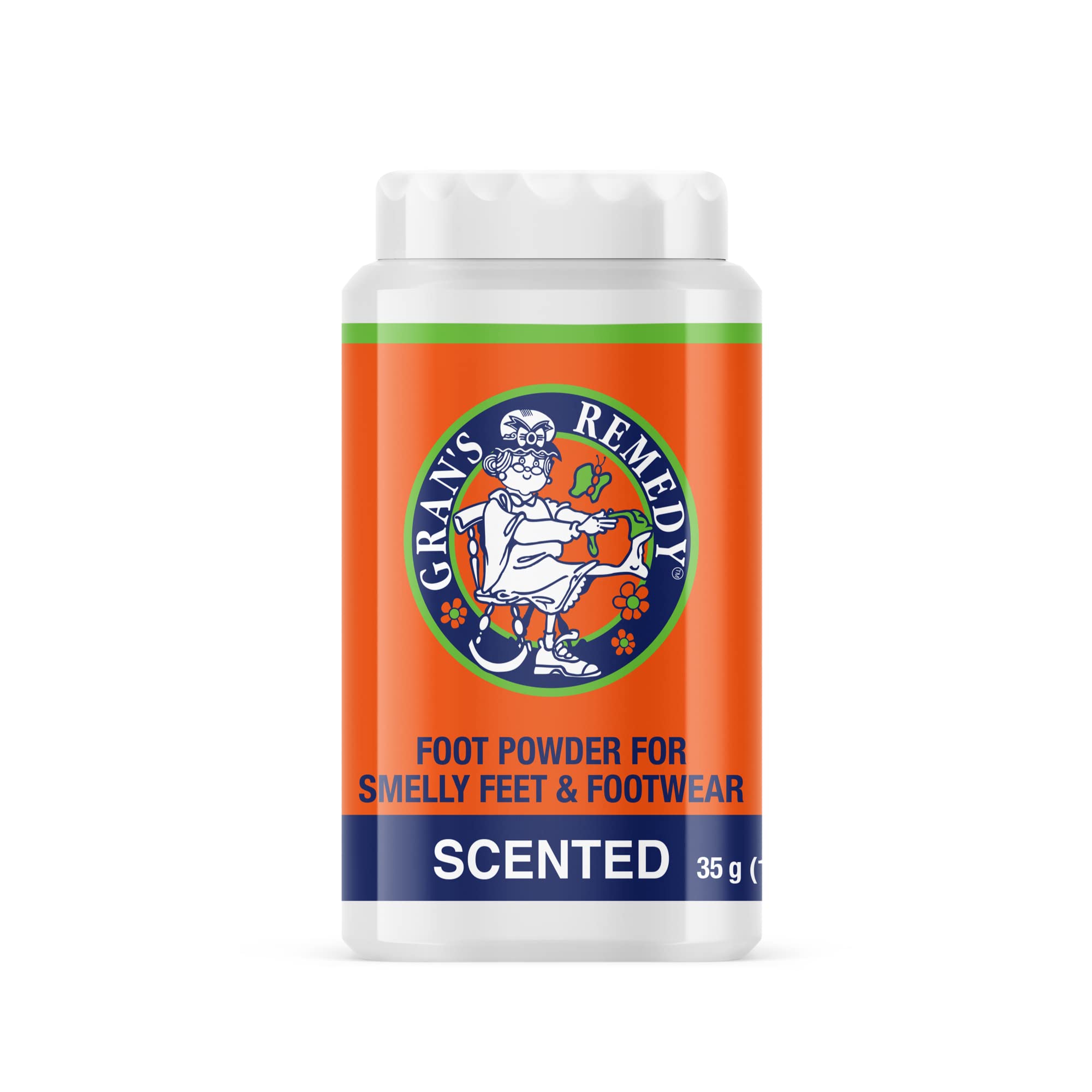 Gran's Remedy Scented Foot Powder bottle dispensing for easy application and lasting citrus freshness.