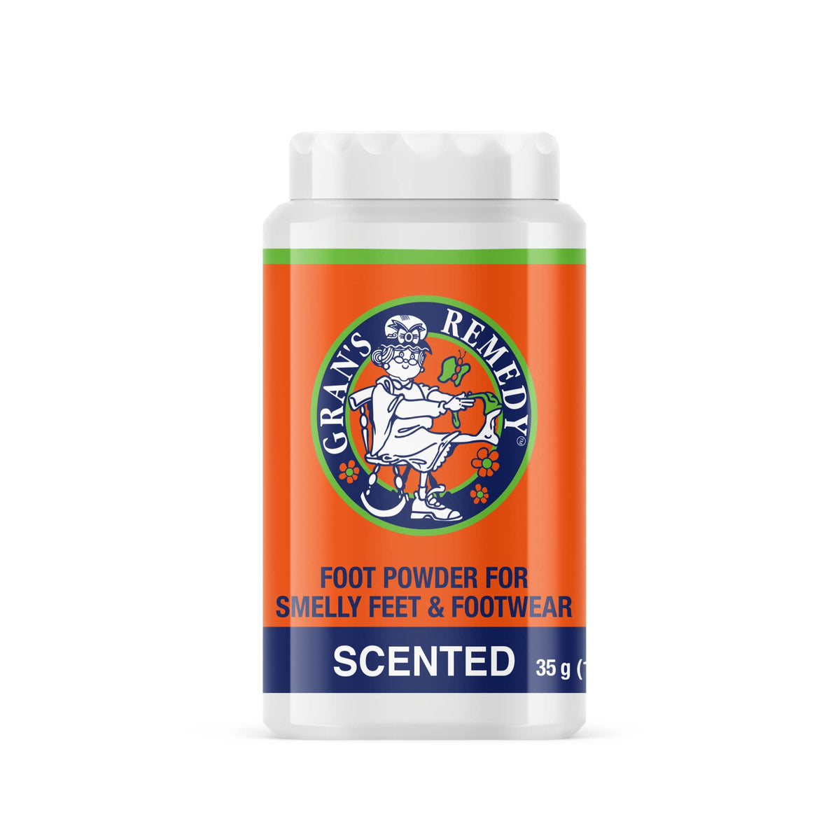Gran's Remedy Scented Foot Powder bottle dispensing for easy application and lasting citrus freshness.