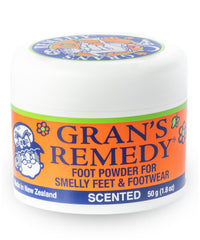 Gran's Remedy Scented Foot Powder packaging shows travel-friendly design for on-the-go freshness.
