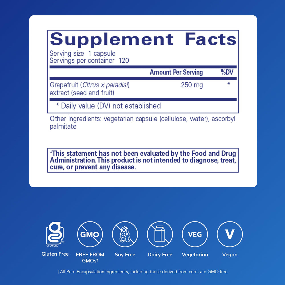 Grapefruit Seed Extract capsules close-up emphasizes concentrated formula for gut balance and daily use.
