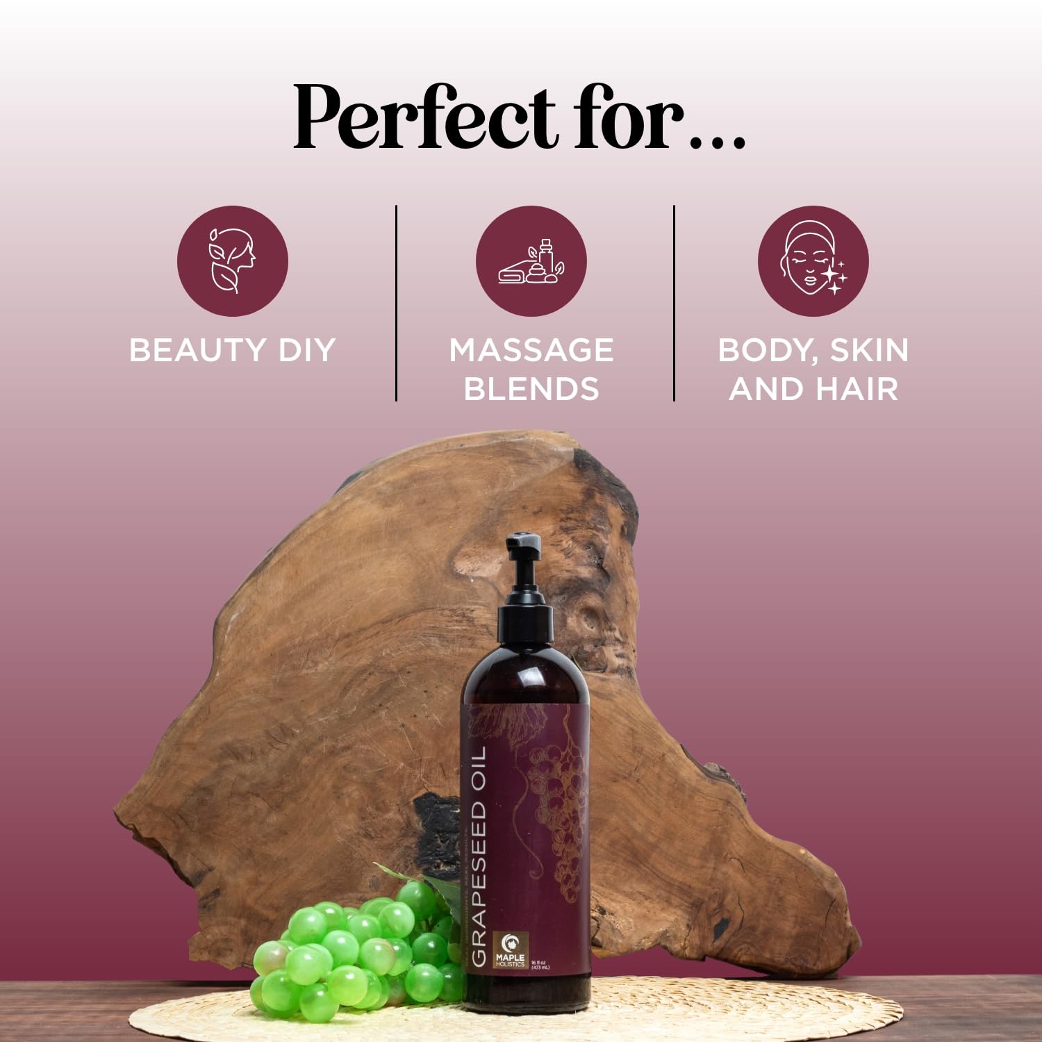 Grapeseed oil hair care application showing lightweight moisture for shine and manageability.