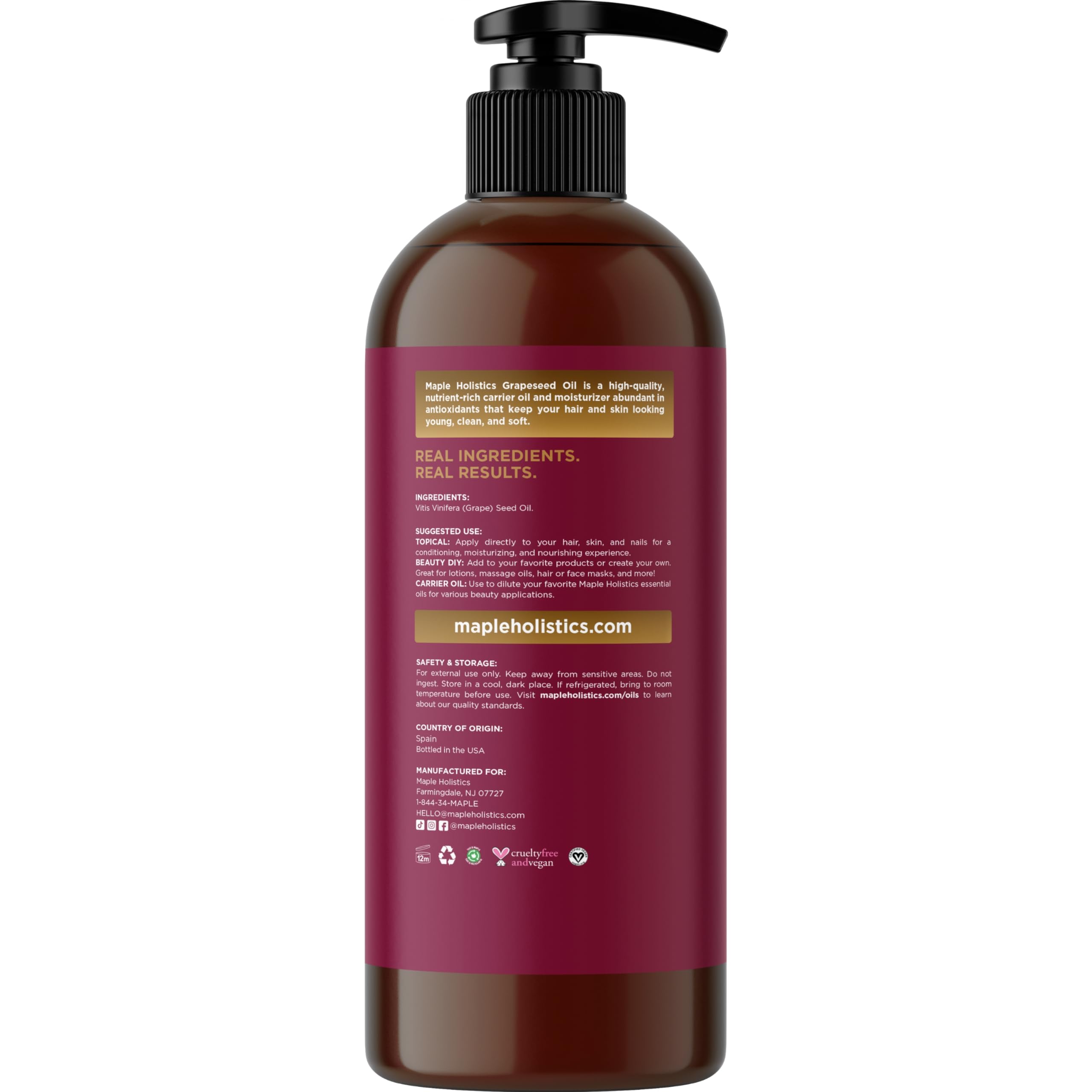 Maple Holistics grapeseed oil rich in vitamin E supports soft, even-toned skin care.