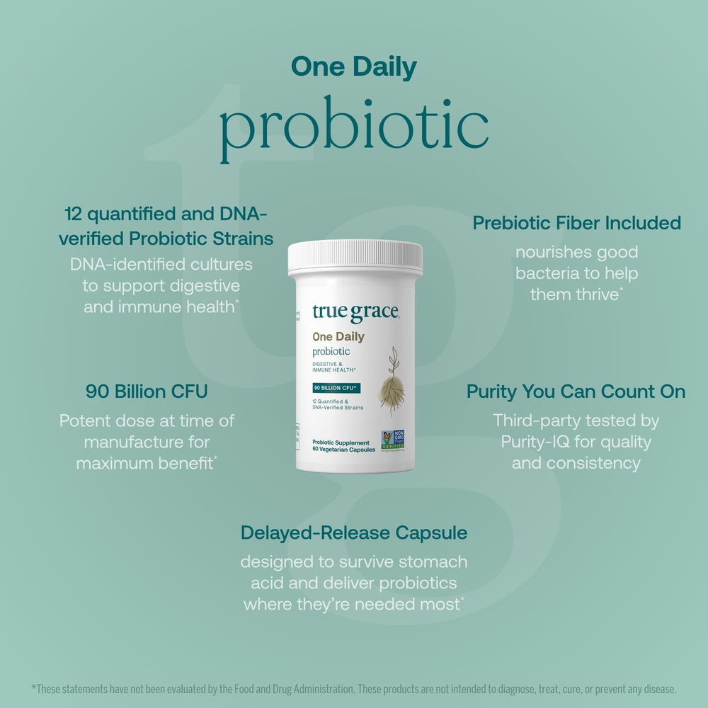 Graphic showing 12 probiotic strains and Acacia prebiotic fiber benefits.