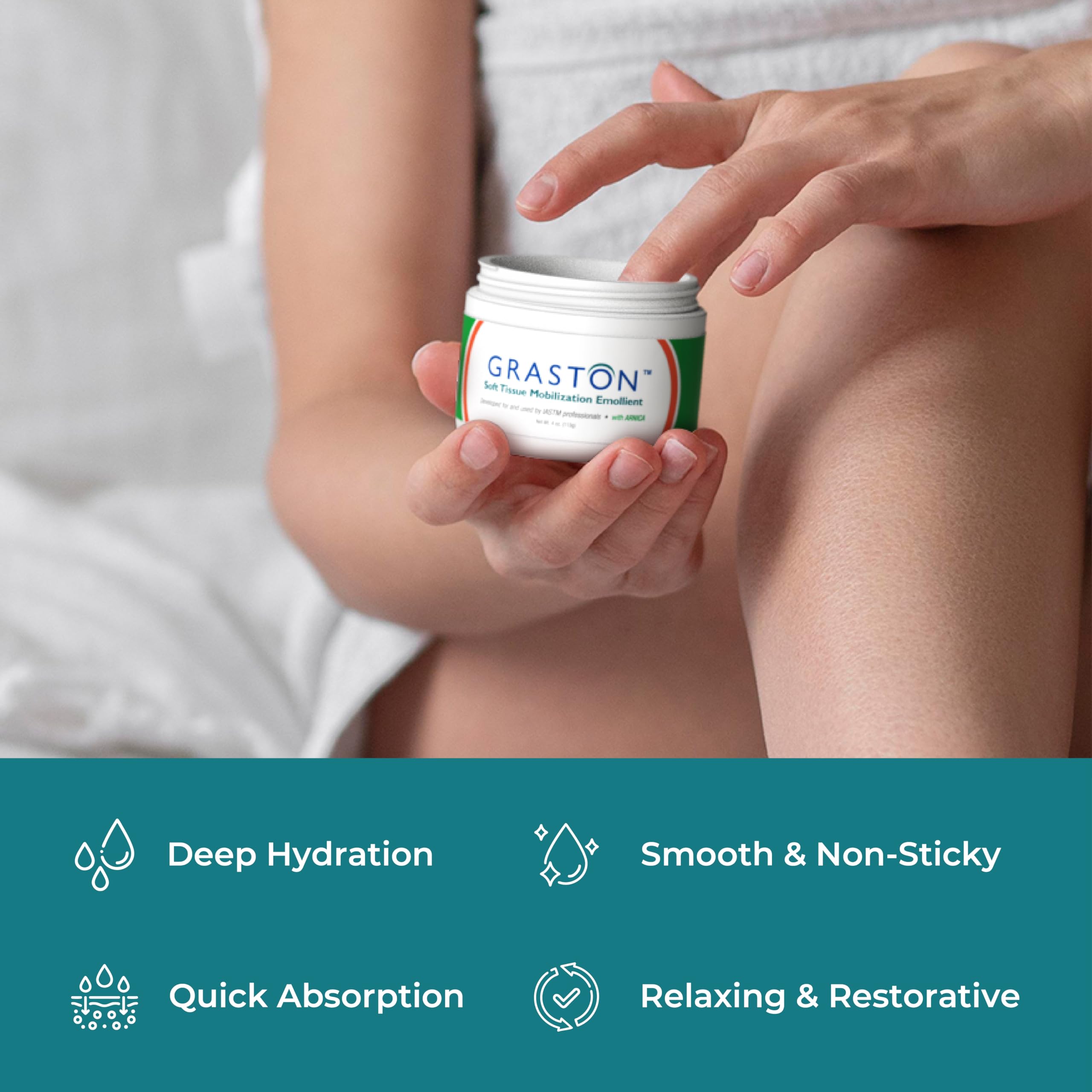 Graston Arnica cream texture closeup highlights rich emollient feel for sensitive skin.