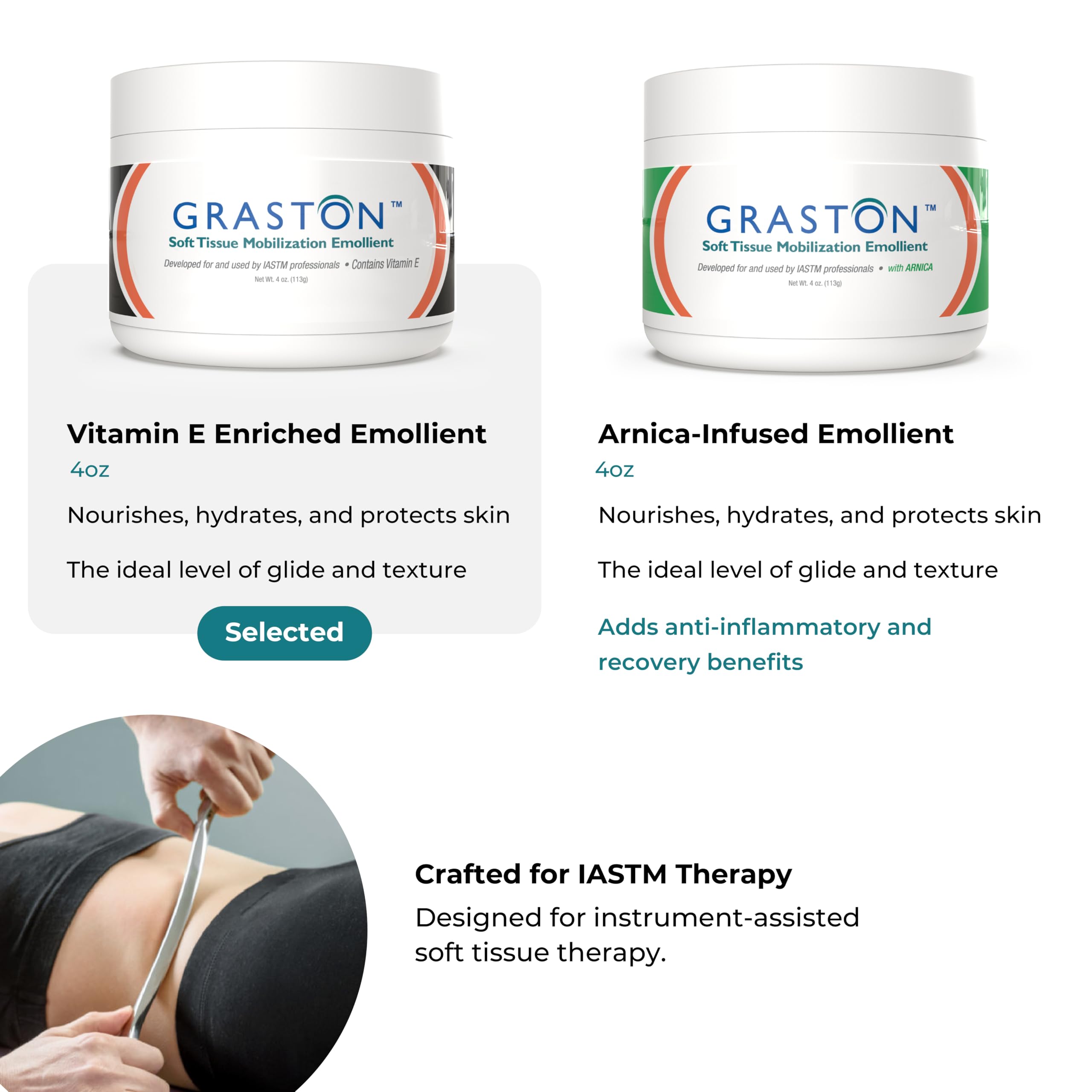 Graston Vitamin E Emollient hand applying lotion during massage