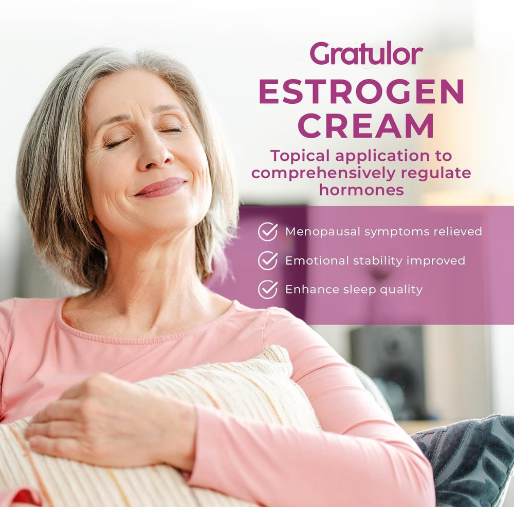 Gratulor estrogen cream application on the face demonstrates easy daily use for menopause relief.