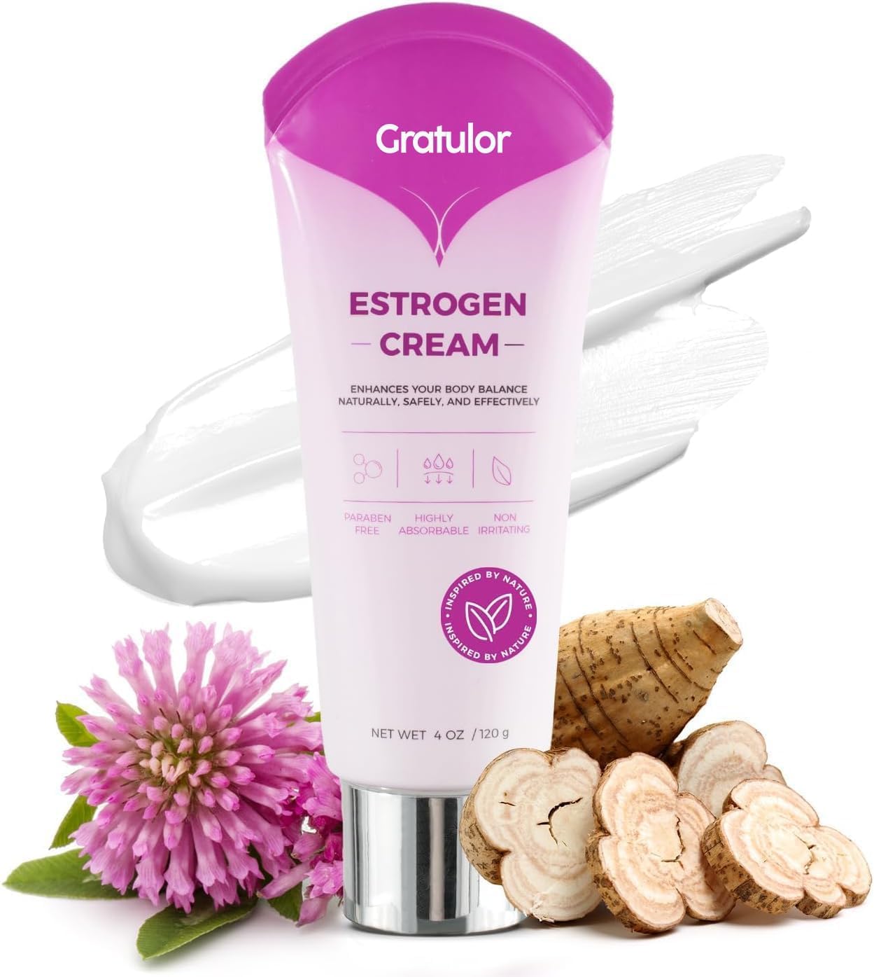 Gratulor estrogen cream bottle close-up for daily skin support and balance.