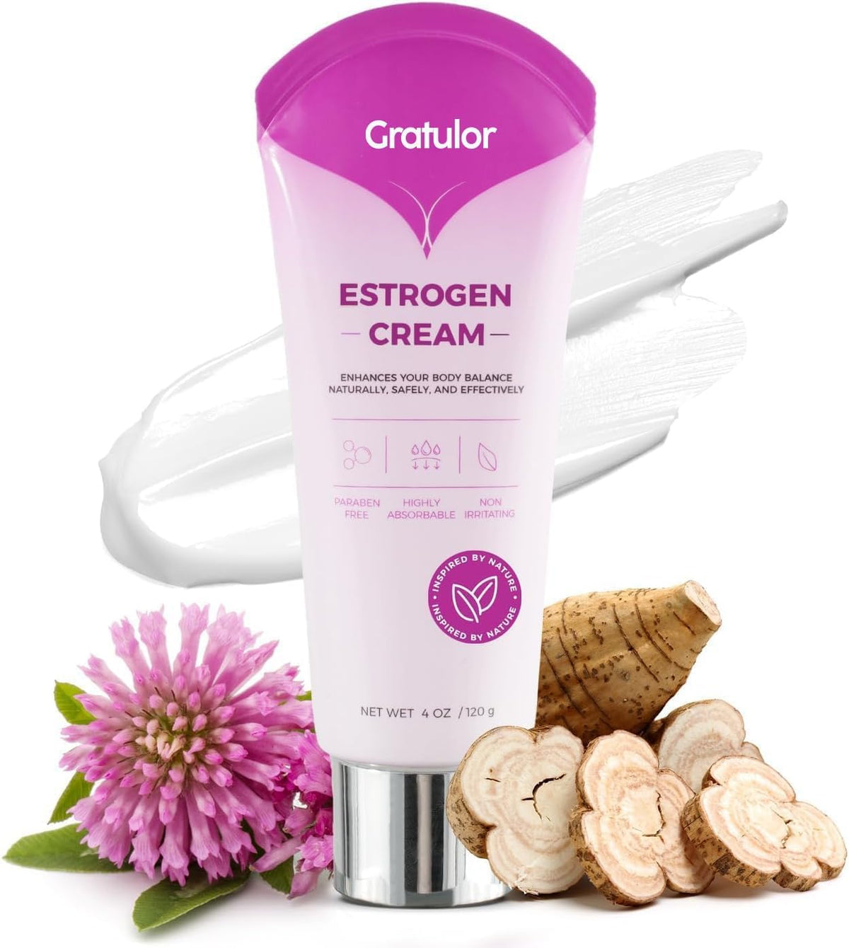 Gratulor estrogen cream bottle close-up for daily skin support and balance.