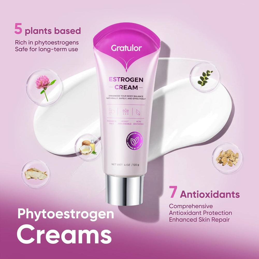 Gratulor estrogen cream on vanity shelf conveys safe, daily self-care for balance.