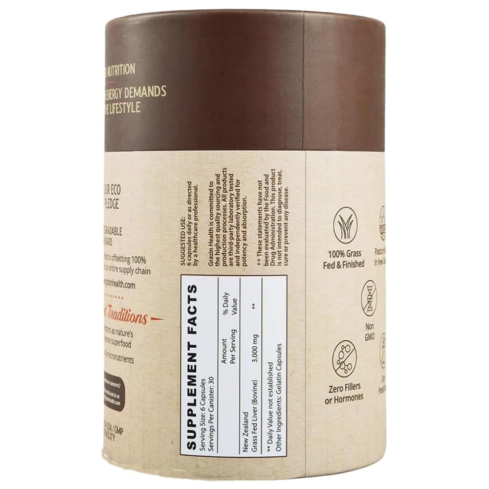 GRAZIN HEALTH capsules close-up highlighting freeze-dried liver for convenient daily nutrition