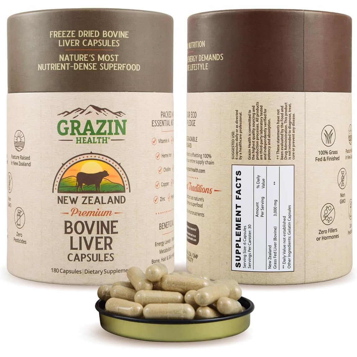 GRAZIN HEALTH grass-fed beef liver bottle showing daily vitality support