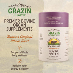 GRAZIN HEALTH grass-fed spleen capsules close-up highlighting 3000 mg per serving.