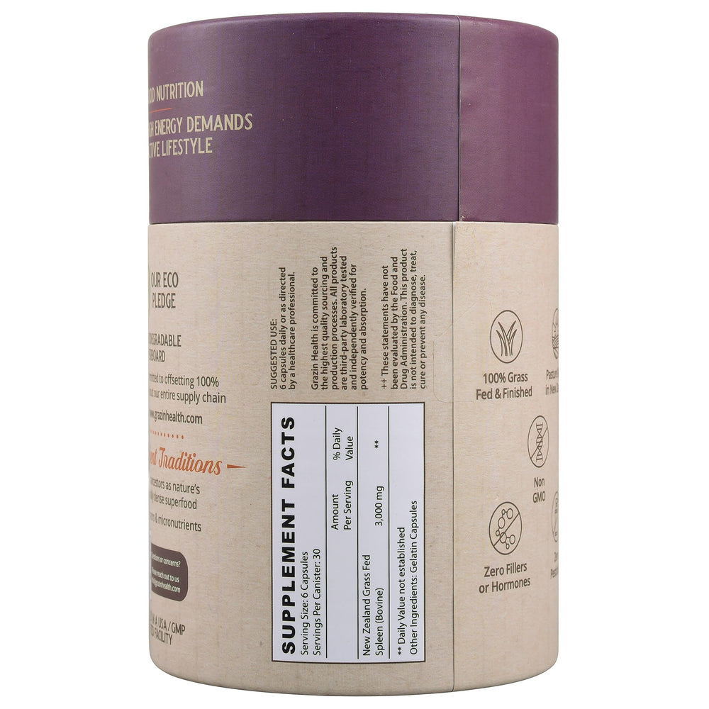 GRAZIN HEALTH spleen capsules being poured for on-the-go daily use.