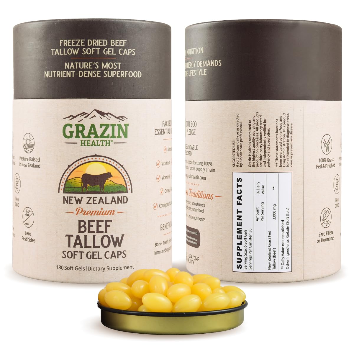 Grazin Health grass-fed tallow capsules bottle for easy daily use and dosing