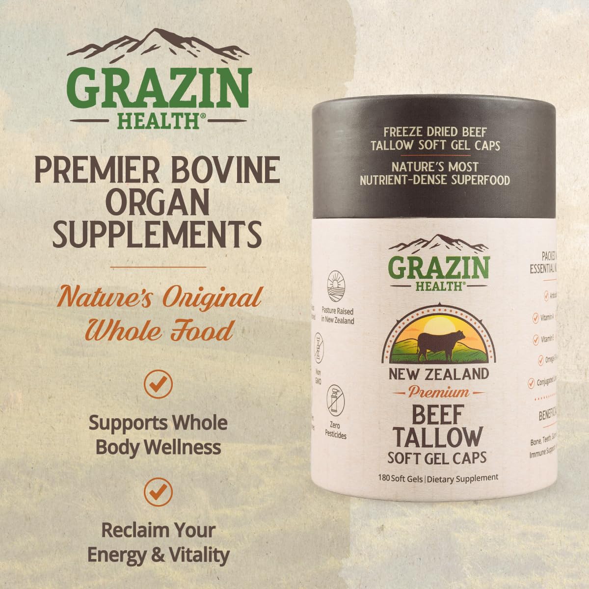 Grazin Health label on grass-fed tallow capsules showing clean ingredients