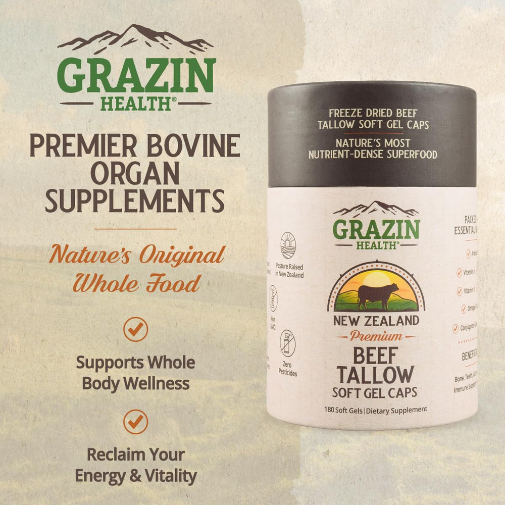 Grazin Health label on grass-fed tallow capsules showing clean ingredients