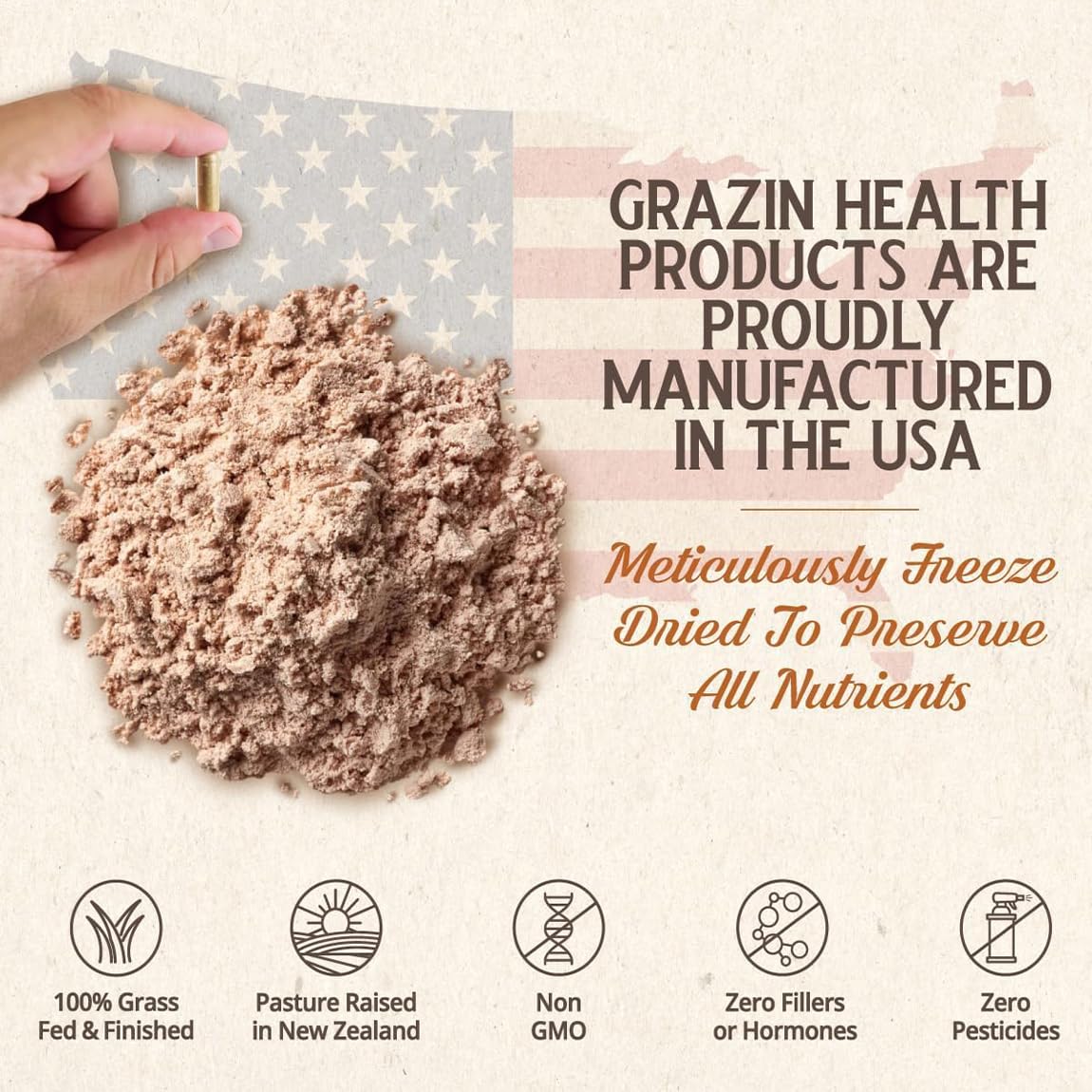 GRAZIN HEALTH New Zealand grass-fed logo on packaging emphasizing origin and quality