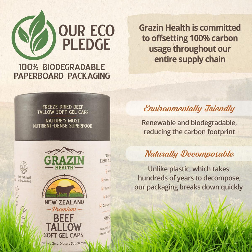 Closeup of Grazin Health tallow capsules highlighting simplicity and purity