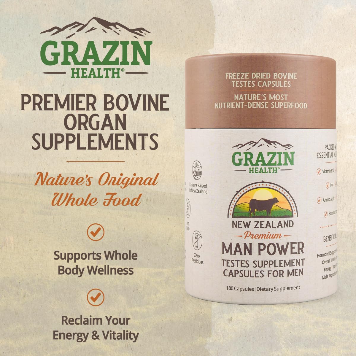 Closeup of GRAZIN HEALTH testes capsules highlighting energy and focus.