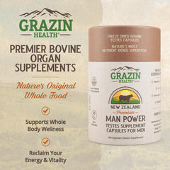 Closeup of GRAZIN HEALTH testes capsules highlighting energy and focus.