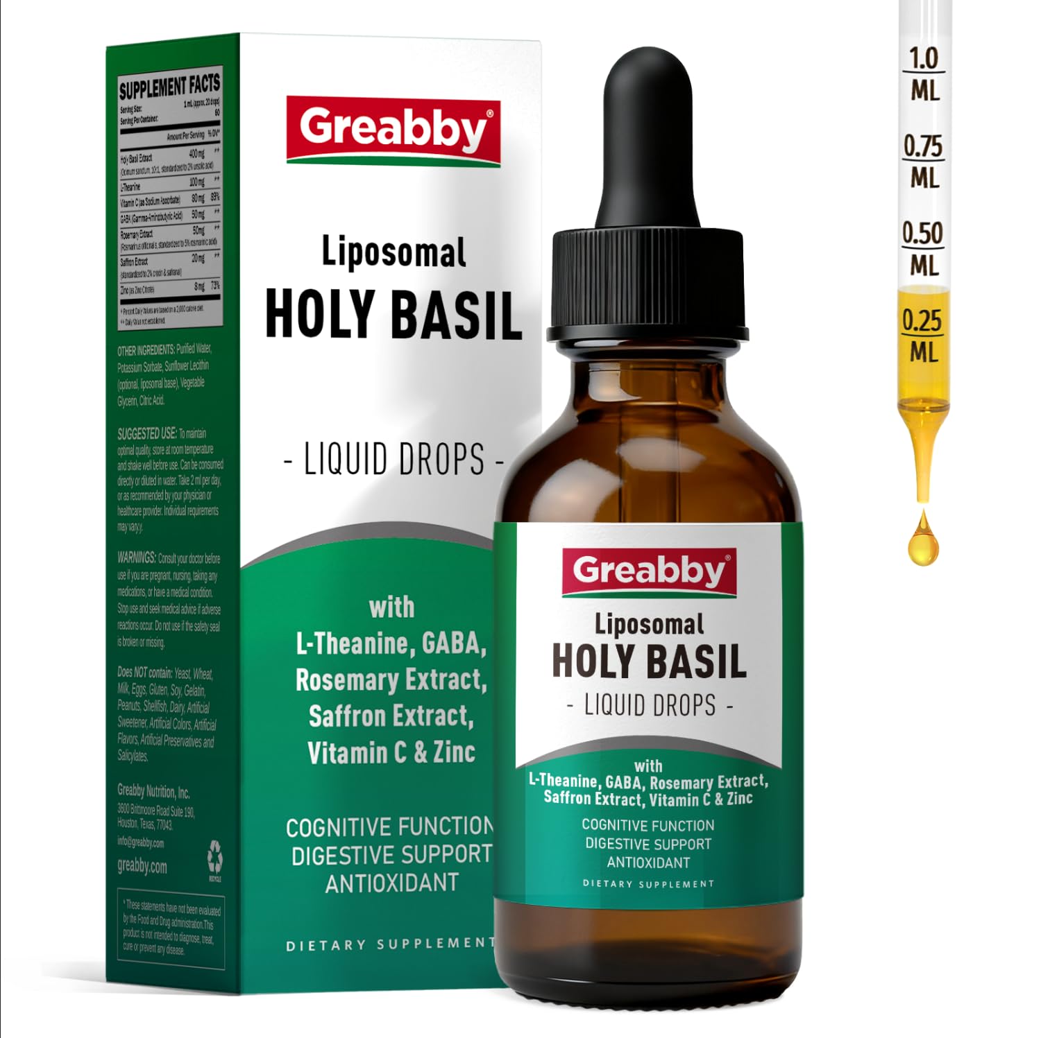 GREABBY Holy Basil tincture bottle pour supports balance and calm focus
