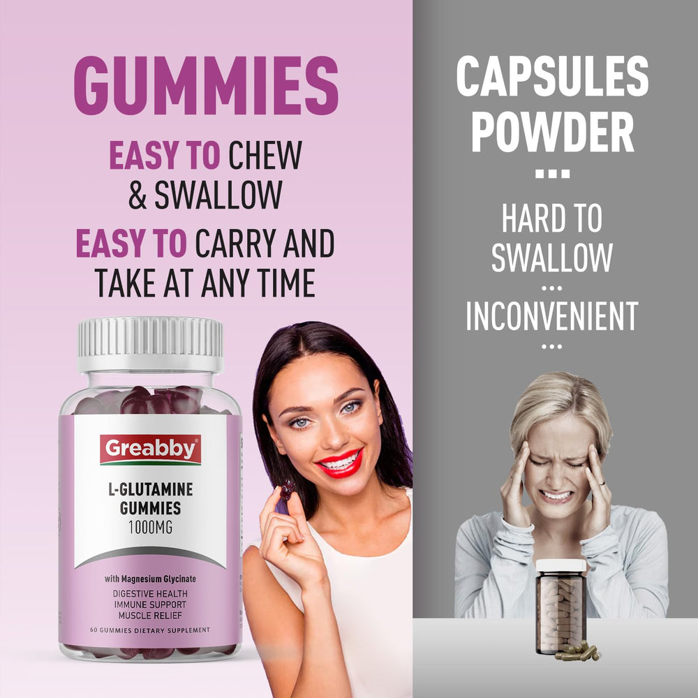 GREABBY L Glutamine Gummies GMP-certified production label on packaging.