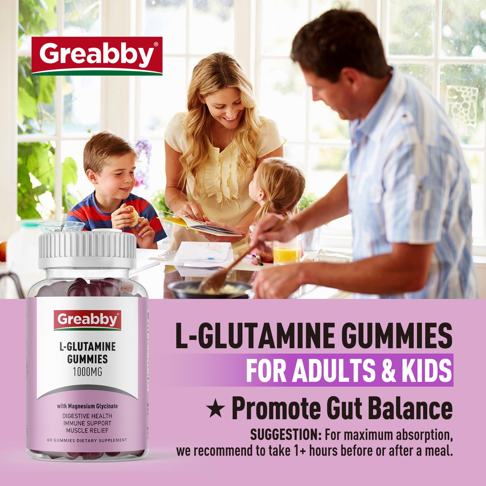 GREABBY L Glutamine Gummies vegan and non-GMO labeling close-up.