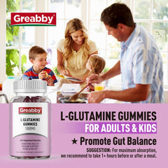 GREABBY L Glutamine Gummies vegan and non-GMO labeling close-up.