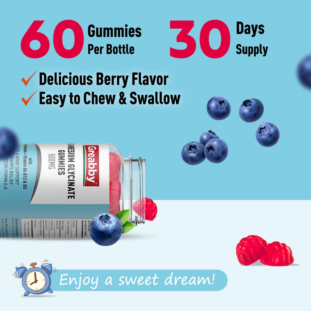 Greabby Magnesium Glycinate Gummies melatonin on label for sleep-friendly formula.