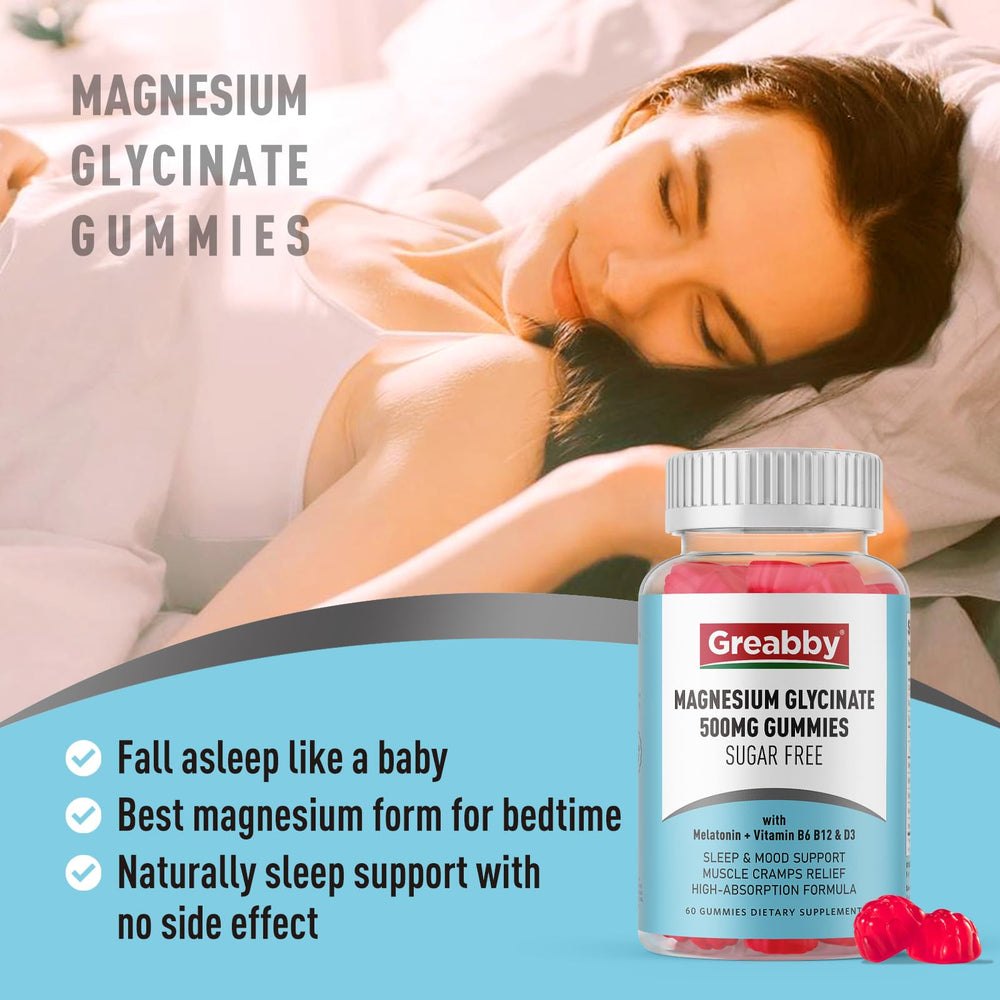 Greabby Magnesium Glycinate Gummies with vitamins B6 B12 D3 for daily support.