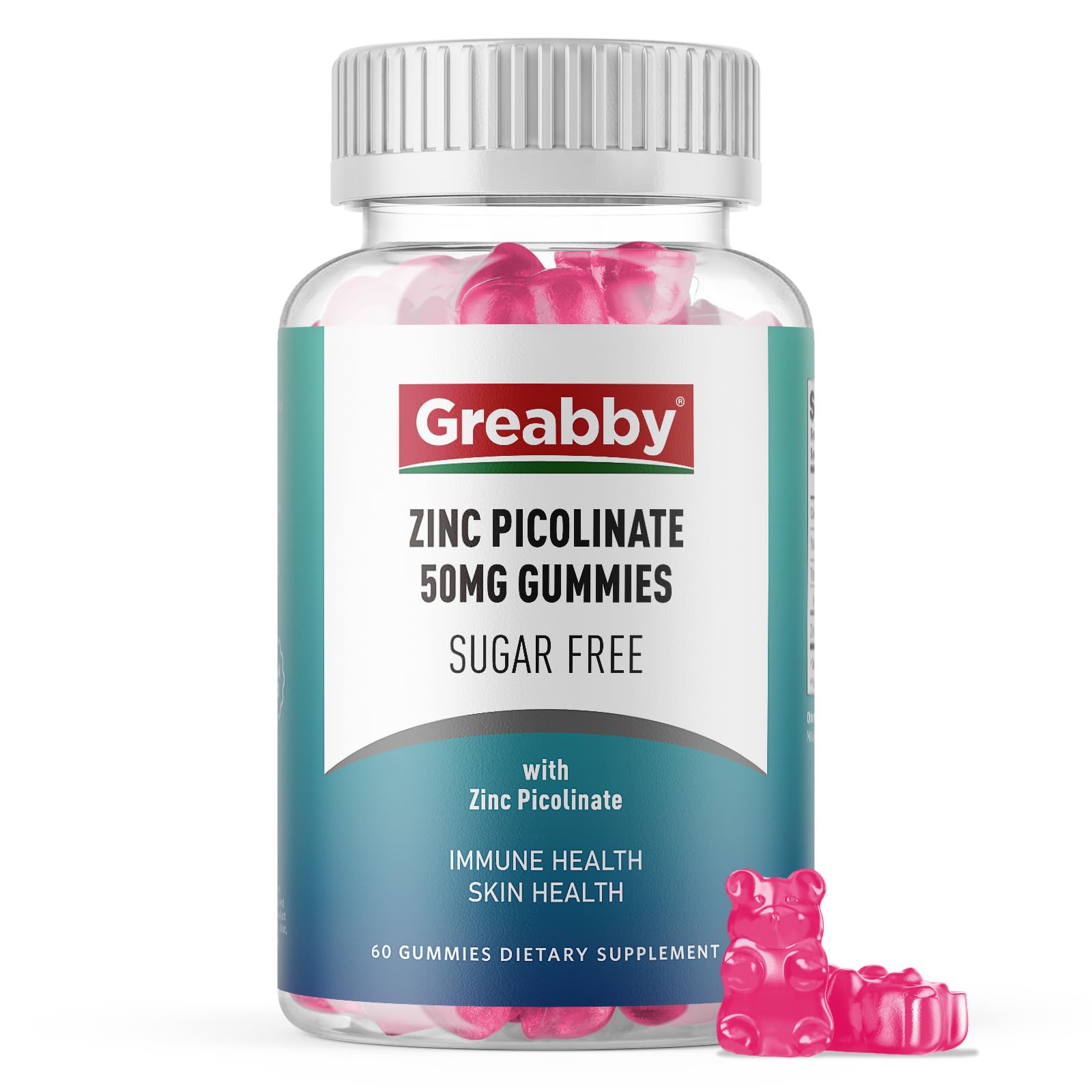 GREABBY Zinc Gummies bottle showing 60 sugar-free 50 mg zinc picolinate gummies for daily use