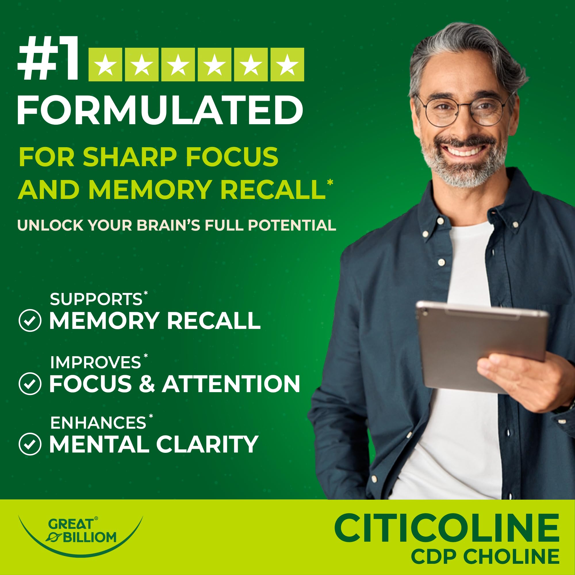 Close-up of Great Billiom Citicoline capsules for memory and focus.
