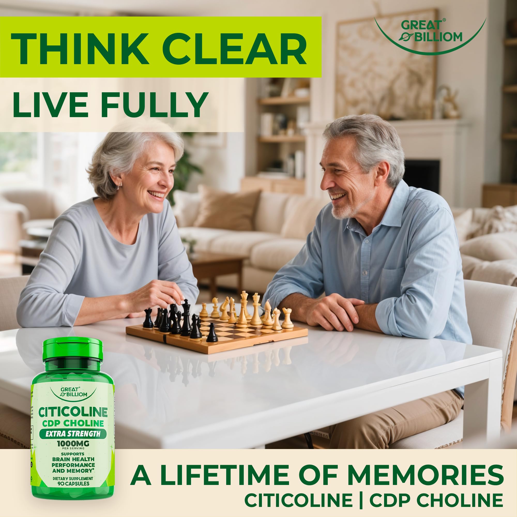 Purity and science-focused presentation of Great Billiom Citicoline packaging.