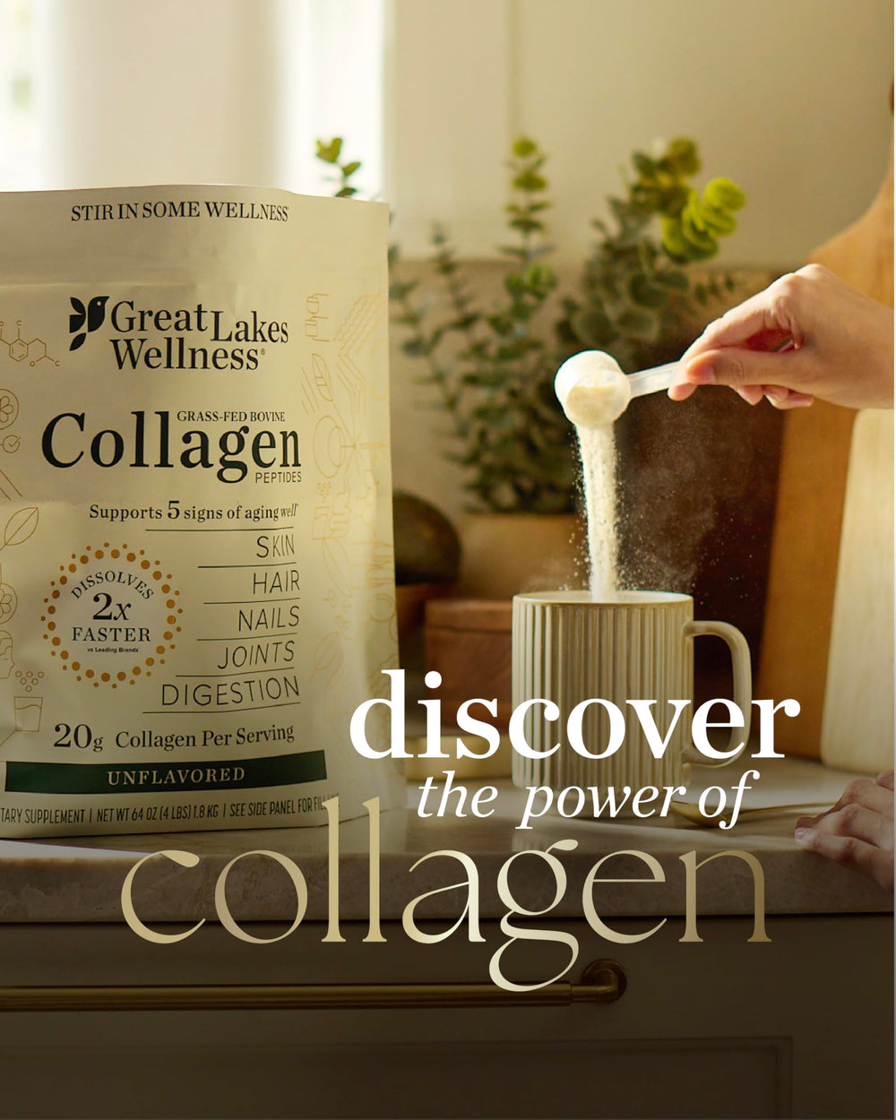 Great Lakes Wellness collagen powder label highlights non GMO and kosher certification