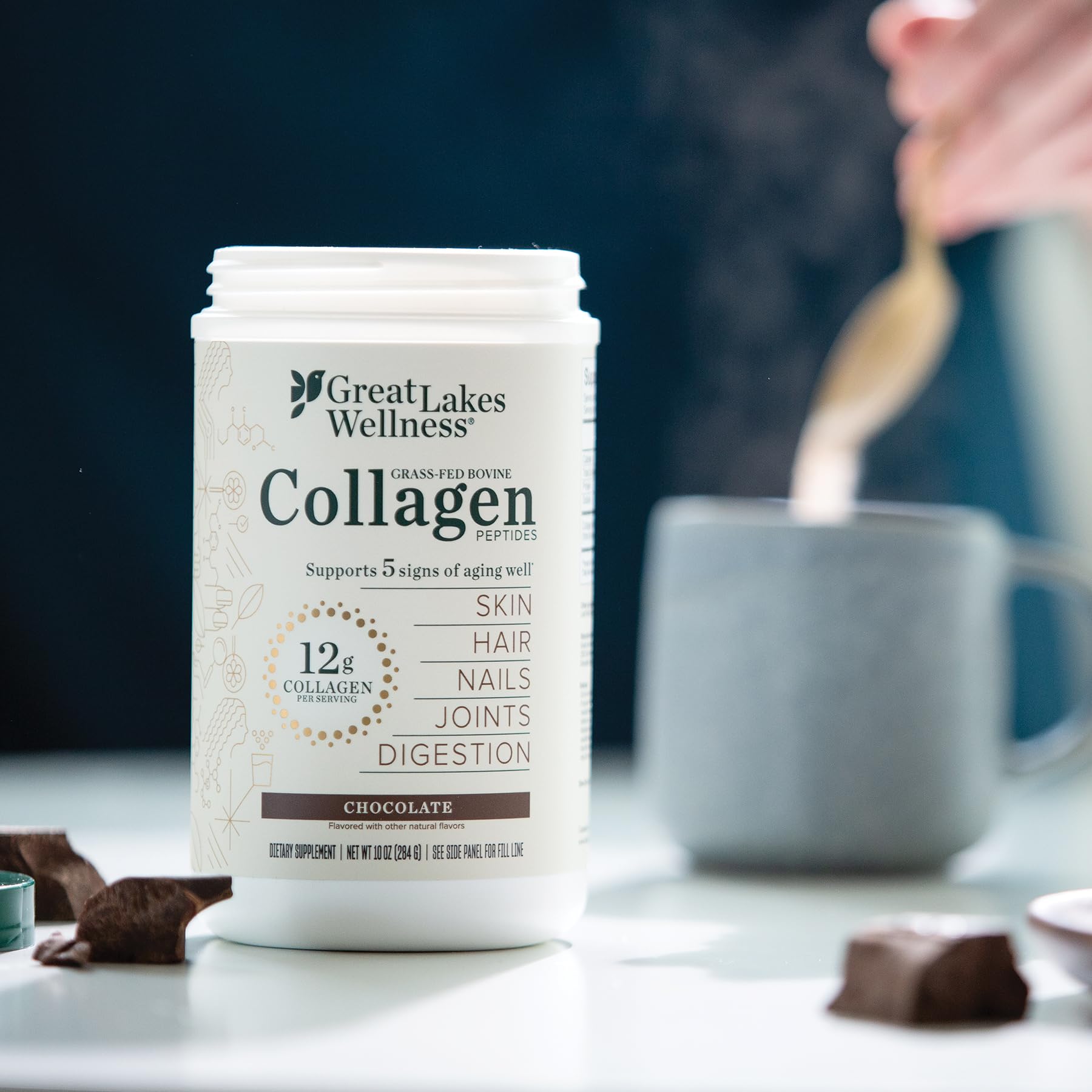 Great Lakes Wellness Collagen Peptides Chocolate dissolves-stir; clump-free in hot or cold drinks, may support collagen production.
