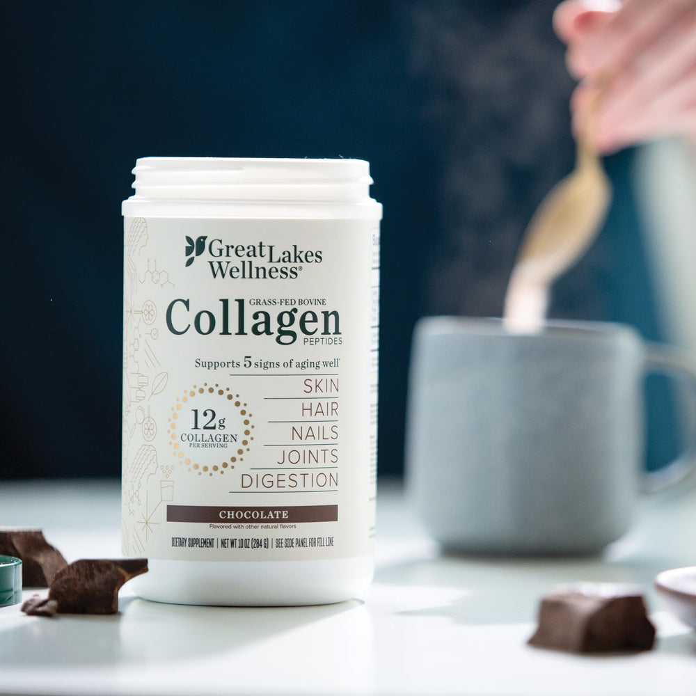 Great Lakes Wellness Collagen Peptides Chocolate dissolves-stir; clump-free in hot or cold drinks, may support collagen production.