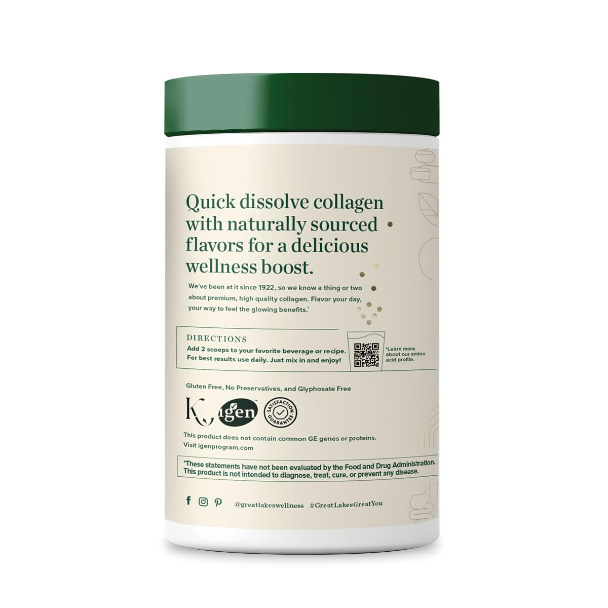 Great Lakes Wellness Collagen Peptides Chocolate scoop-in-cup; blends smoothly into smoothies, may support collagen production.
