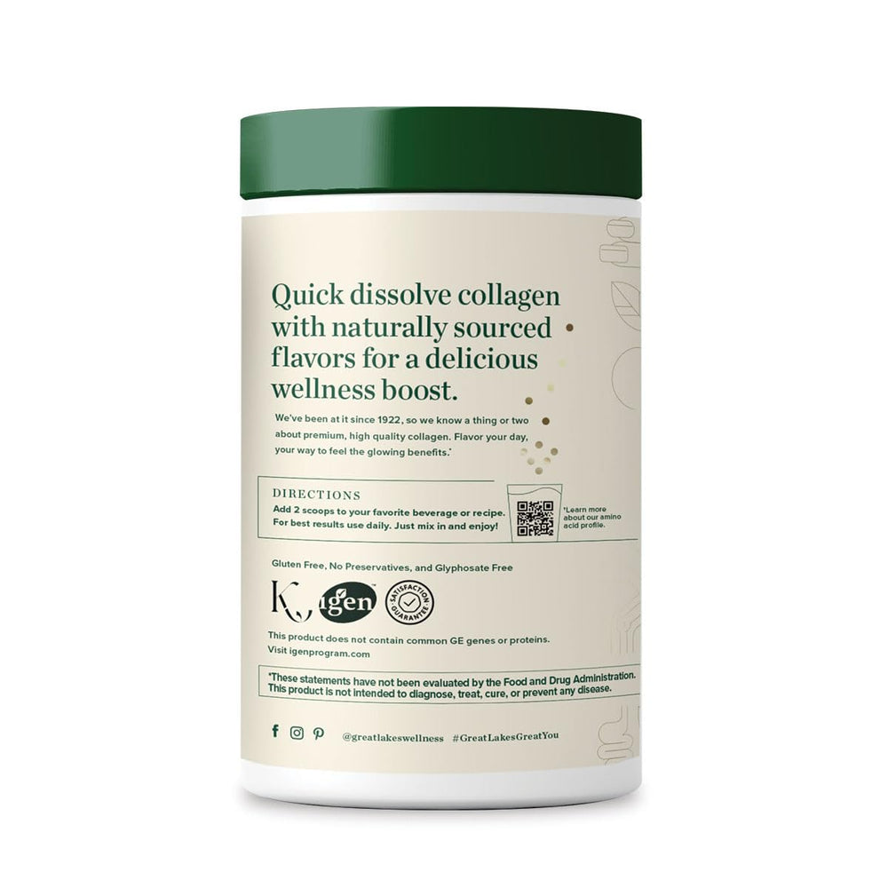 Great Lakes Wellness Collagen Peptides Chocolate scoop-in-cup; blends smoothly into smoothies, may support collagen production.