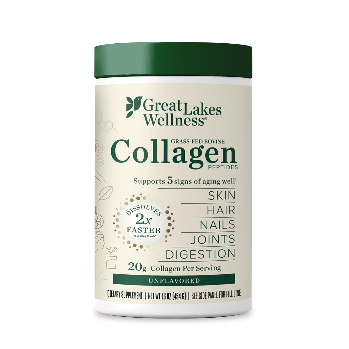 Great Lakes Wellness Collagen Peptides pack shot showing unflavored powder for daily skin and joint support