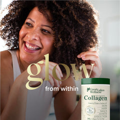 Great Lakes Wellness collagen peptides scoop beside a glass of water