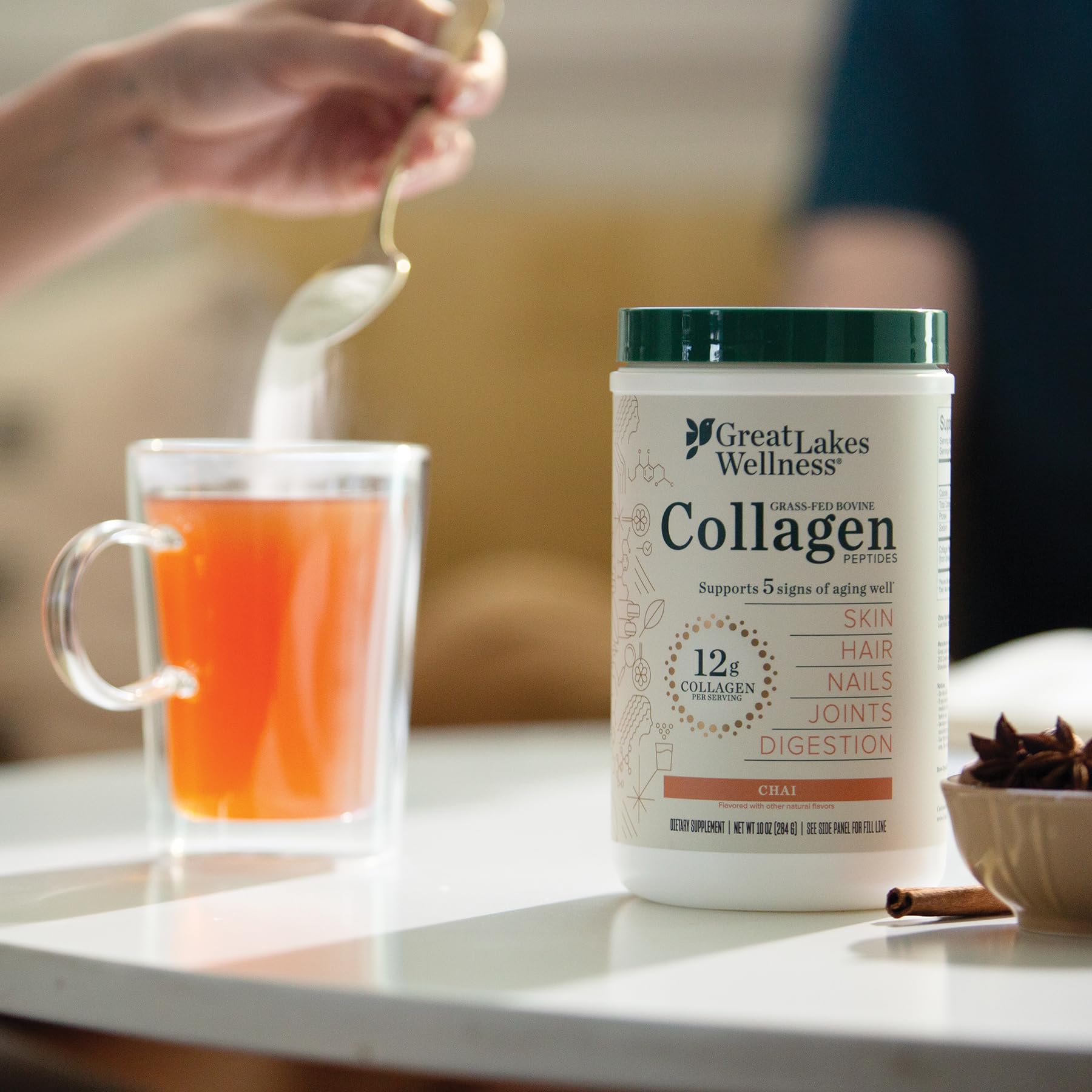 Great Lakes Wellness collagen powder in a smoothie, adding flavor and protein support.