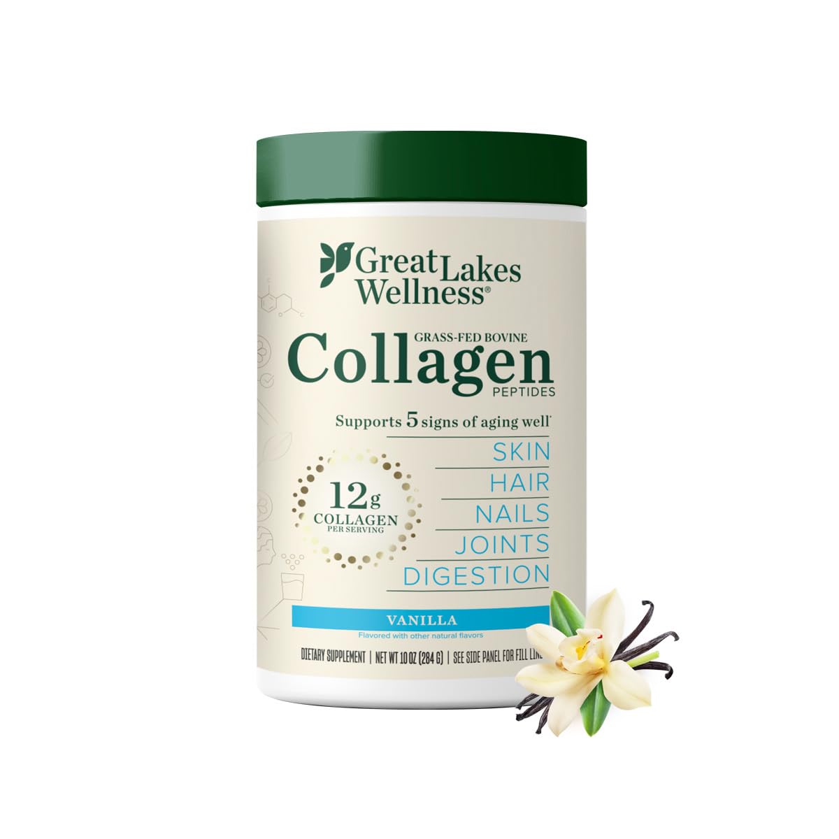 Great Lakes Wellness Collagen Peptides Vanilla bottle on kitchen counter supports daily beauty routine.