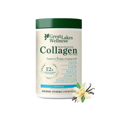 Great Lakes Wellness Collagen Peptides Vanilla bottle on kitchen counter supports daily beauty routine.
