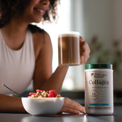 Great Lakes Wellness Collagen Peptides Vanilla stirred into smoothie for nourishment and flavor.
