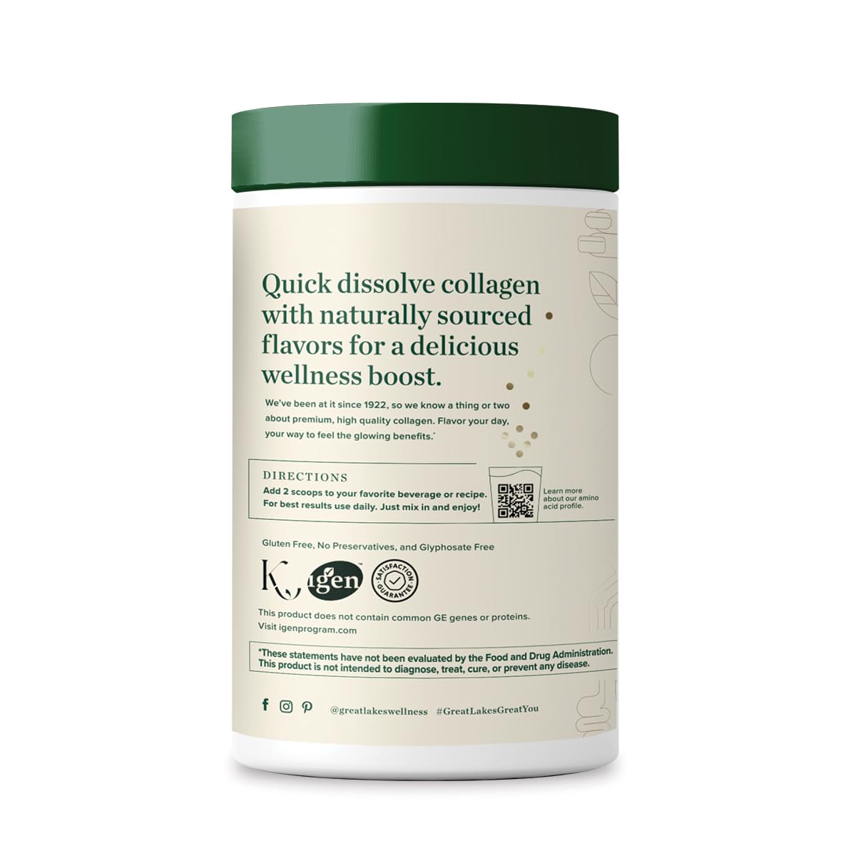 Great Lakes Wellness Collagen Peptides Vanilla scoop beside powder for easy measurement.