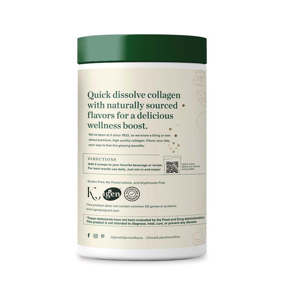 Great Lakes Wellness Collagen Peptides Vanilla scoop beside powder for easy measurement.
